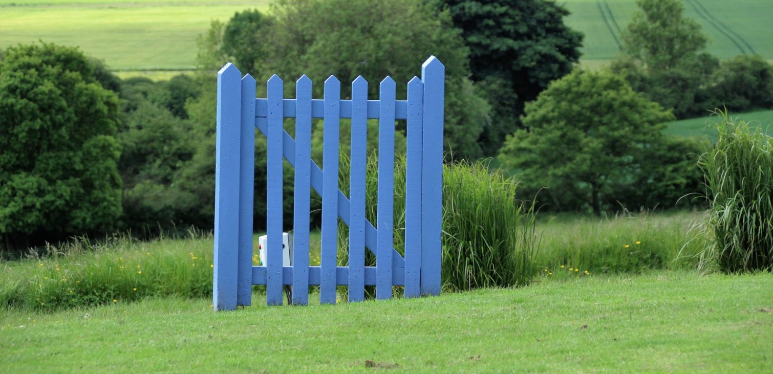 A whimsical blue wooden gate, representing import DXF data design gateway part of a DXF Editor
