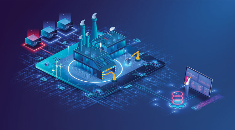 Digital illustration of a factory representing the journey of wire harness design to cable harness manufacturing and distribution