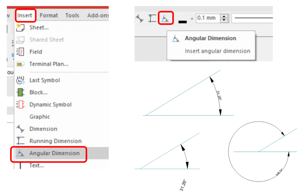 Zuken E3.series 2025 interface showing the new Angular Dimensioning feature under the Insert menu, enabling users to create angular dimensions for angled objects such as connect lines or graphics. 